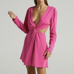 NEW Showpo Cut Out Twist Front Sexy Mini Dress Hot Pink Long Sleeve Womens 6